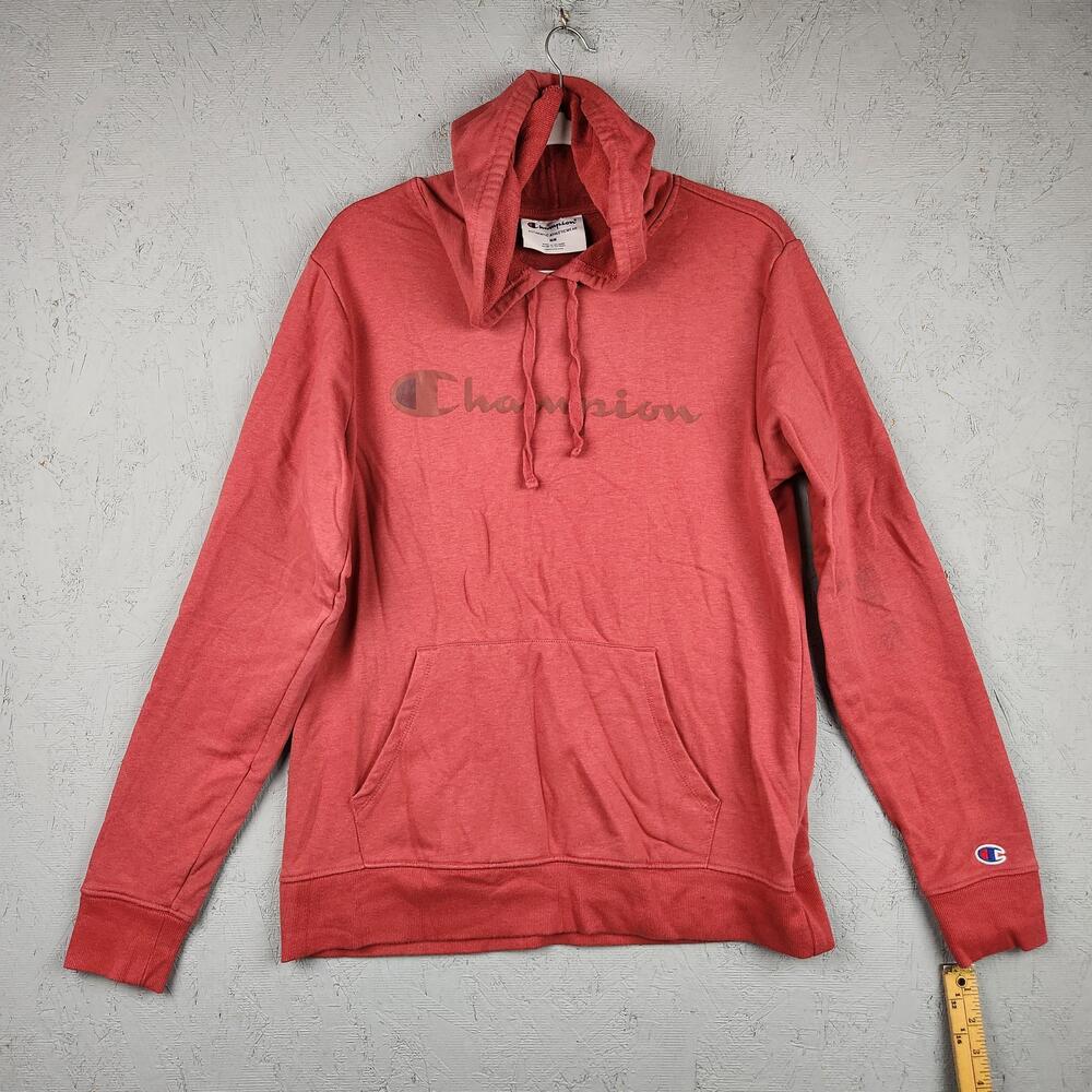 Champion Hoodie Sweatshirt Mens Medium Red Script Logo Pullover Lightweight